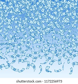 Bitcoin, internet currency notes falling. Small BTC bills on blue sky background. Cryptocurrency, digital money. Alive vector illustration. Fancy jackpot, wealth or success concept.