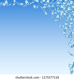 Bitcoin, internet currency notes falling. Small BTC bills on blue sky background. Cryptocurrency, digital money. Actual vector illustration. Flawless jackpot, wealth or success concept.