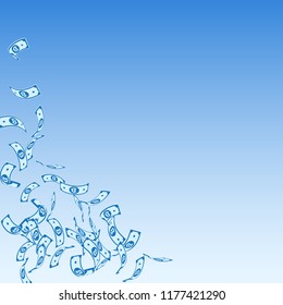 Bitcoin, internet currency notes falling. Sparse BTC bills on blue sky background. Cryptocurrency, digital money. Actual vector illustration. Unique jackpot, wealth or success concept.