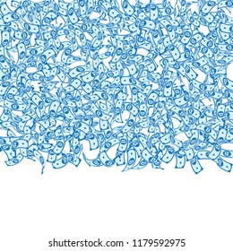 Bitcoin, internet currency notes falling. Small BTC bills on white background. Cryptocurrency, digital money. Alive vector illustration. Impressive jackpot, wealth or success concept.