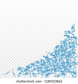 Bitcoin, internet currency notes falling. Small BTC bills on transparent background. Cryptocurrency, digital money. Admirable vector illustration. Alluring jackpot, wealth or success concept.