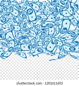 Bitcoin, internet currency notes falling. Messy BTC bills on transparent background. Cryptocurrency, digital money. Alive vector illustration. Gorgeous jackpot, wealth or success concept.