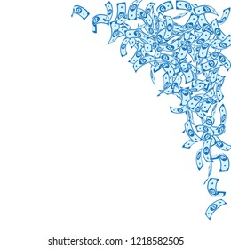 Bitcoin, internet currency notes falling. Small BTC bills on white background. Cryptocurrency, digital money. Alive vector illustration. Pleasant jackpot, wealth or success concept.