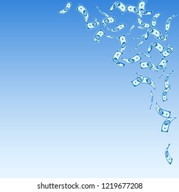 Bitcoin, internet currency notes falling. Sparse BTC bills on blue sky background. Cryptocurrency, digital money. Alive vector illustration. Pleasing jackpot, wealth or success concept.