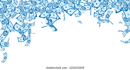 Bitcoin, internet currency notes falling. Messy BTC bills on white background. Cryptocurrency, digital money. Alluring vector illustration. Admirable jackpot, wealth or success concept.