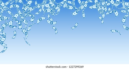 Bitcoin, internet currency notes falling. Floating BTC bills on blue sky background. Cryptocurrency, digital money. Alive vector illustration. Vibrant jackpot, wealth or success concept.