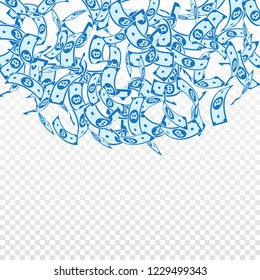 Bitcoin, internet currency notes falling. Floating BTC bills on transparent background. Cryptocurrency, digital money. Alive vector illustration. Powerful jackpot, wealth or success concept.