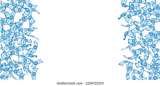 Bitcoin, internet currency notes falling. Floating BTC bills on white background. Cryptocurrency, digital money. Alluring vector illustration. Classy jackpot, wealth or success concept.