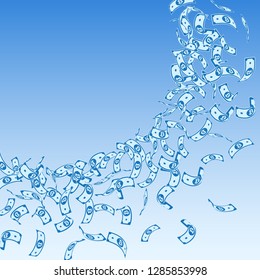 Bitcoin, internet currency notes falling. Small BTC bills on blue sky background. Cryptocurrency, digital money. Actual vector illustration. Mesmeric jackpot, wealth or success concept.