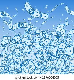 Bitcoin, internet currency notes falling. Messy BTC bills on blue sky background. Cryptocurrency, digital money. Actual vector illustration. Pretty jackpot, wealth or success concept.