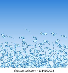 Bitcoin, internet currency notes falling. Small BTC bills on blue sky background. Cryptocurrency, digital money. Adorable vector illustration. Ecstatic jackpot, wealth or success concept.