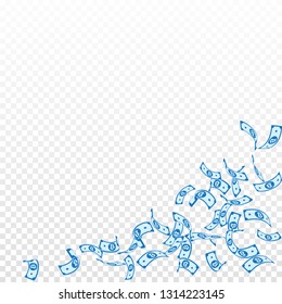 Bitcoin, internet currency notes falling. Sparse BTC bills on transparent background. Cryptocurrency, digital money. Admirable vector illustration. Appealing jackpot, wealth or success concept.