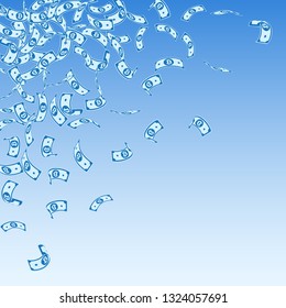 Bitcoin, internet currency notes falling. Small BTC bills on blue sky background. Cryptocurrency, digital money. Alive vector illustration. Appealing jackpot, wealth or success concept.