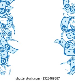 Bitcoin, internet currency notes falling. Messy BTC bills on white background. Cryptocurrency, digital money. Admirable vector illustration. Gorgeous jackpot, wealth or success concept.