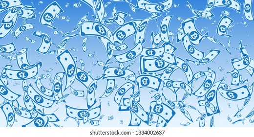 Bitcoin, internet currency notes falling. Random BTC bills on blue sky background. Cryptocurrency, digital money. Alluring vector illustration. Energetic jackpot, wealth or success concept.