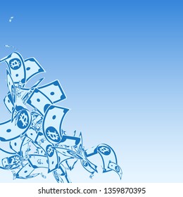 Bitcoin, internet currency notes falling. Messy BTC bills on blue sky background. Cryptocurrency, digital money. Actual vector illustration. Symmetrical jackpot, wealth or success concept.