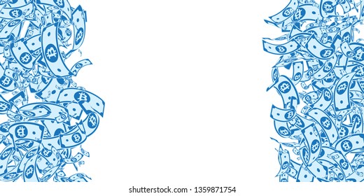 Bitcoin, internet currency notes falling. Messy BTC bills on white background. Cryptocurrency, digital money. Alluring vector illustration. Creative jackpot, wealth or success concept.