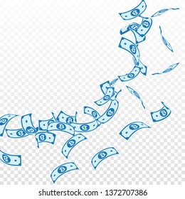 Bitcoin, internet currency notes falling. Floating BTC bills on transparent background. Cryptocurrency, digital money. Actual vector illustration. Magnetic jackpot, wealth or success concept.