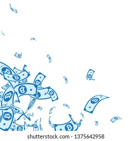 Bitcoin, internet currency notes falling. Messy BTC bills on white background. Cryptocurrency, digital money. Adorable vector illustration. Pleasing jackpot, wealth or success concept.