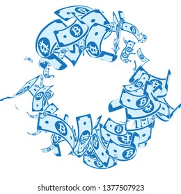 Bitcoin, internet currency notes falling. Messy BTC bills on white background. Cryptocurrency, digital money. Adorable vector illustration. Beauteous jackpot, wealth or success concept.