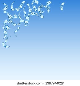 Bitcoin, internet currency notes falling. Sparse BTC bills on blue sky background. Cryptocurrency, digital money. Alive vector illustration. Mesmeric jackpot, wealth or success concept.