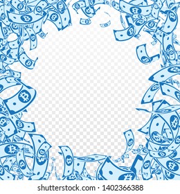 Bitcoin, internet currency notes falling. Messy BTC bills on transparent background. Cryptocurrency, digital money. Admirable vector illustration. Worthy jackpot, wealth or success concept.
