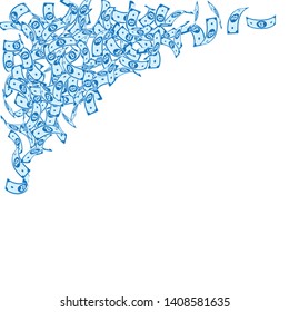 Bitcoin, internet currency notes falling. Small BTC bills on white background. Cryptocurrency, digital money. Alive vector illustration. Memorable jackpot, wealth or success concept.