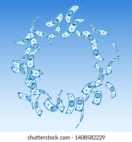 Bitcoin, internet currency notes falling. Floating BTC bills on blue sky background. Cryptocurrency, digital money. Adorable vector illustration. Artistic jackpot, wealth or success concept.