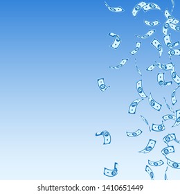 Bitcoin, internet currency notes falling. Sparse BTC bills on blue sky background. Cryptocurrency, digital money. Adorable vector illustration. Indelible jackpot, wealth or success concept.