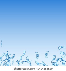 Bitcoin, internet currency notes falling. Sparse BTC bills on blue sky background. Cryptocurrency, digital money. Actual vector illustration. Attractive jackpot, wealth or success concept.