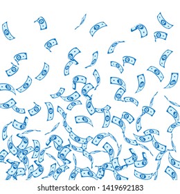Bitcoin, internet currency notes falling. Sparse BTC bills on white background. Cryptocurrency, digital money. Actual vector illustration. Stylish jackpot, wealth or success concept.