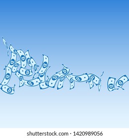 Bitcoin, internet currency notes falling. Floating BTC bills on blue sky background. Cryptocurrency, digital money. Alive vector illustration. Cute jackpot, wealth or success concept.