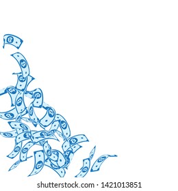 Bitcoin, internet currency notes falling. Floating BTC bills on white background. Cryptocurrency, digital money. Actual vector illustration. Surprising jackpot, wealth or success concept.