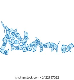 Bitcoin, internet currency notes falling. Floating BTC bills on white background. Cryptocurrency, digital money. Alive vector illustration. Decent jackpot, wealth or success concept.