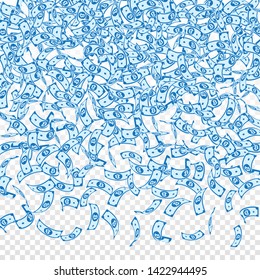Bitcoin, internet currency notes falling. Small BTC bills on transparent background. Cryptocurrency, digital money. Alive vector illustration. Fantastic jackpot, wealth or success concept.