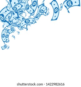 Bitcoin, internet currency notes falling. Messy BTC bills on white background. Cryptocurrency, digital money. Alive vector illustration. Magnificent jackpot, wealth or success concept.