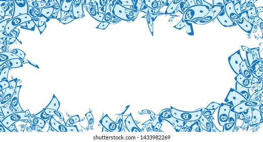 Bitcoin, internet currency notes falling. Messy BTC bills on white background. Cryptocurrency, digital money. Alluring vector illustration. Imaginative jackpot, wealth or success concept.