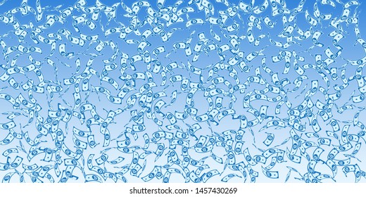 Bitcoin, internet currency notes falling. Sparse BTC bills on blue sky background. Cryptocurrency, digital money. Alluring vector illustration. Exquisite jackpot, wealth or success concept.