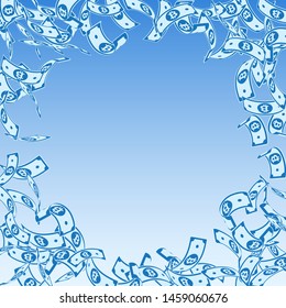 Bitcoin, internet currency notes falling. Floating BTC bills on blue sky background. Cryptocurrency, digital money. Admirable vector illustration. Valuable jackpot, wealth or success concept.