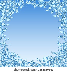 Bitcoin, internet currency notes falling. Small BTC bills on blue sky background. Cryptocurrency, digital money. Admirable vector illustration. Divine jackpot, wealth or success concept.