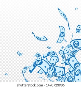 Bitcoin, internet currency notes falling. Messy BTC bills on transparent background. Cryptocurrency, digital money. Adorable vector illustration. Remarkable jackpot, wealth or success concept.