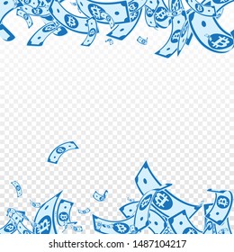 Bitcoin, internet currency notes falling. Messy BTC bills on transparent background. Cryptocurrency, digital money. Actual vector illustration. Perfect jackpot, wealth or success concept.