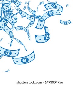 Bitcoin, internet currency notes falling. Messy BTC bills on white background. Cryptocurrency, digital money. Alive vector illustration. Amusing jackpot, wealth or success concept.