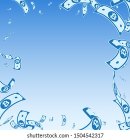 Bitcoin, internet currency notes falling. Random BTC bills on blue sky background. Cryptocurrency, digital money. Admirable vector illustration. Bewitching jackpot, wealth or success concept.