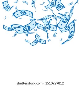 Bitcoin, internet currency notes falling. Random BTC bills on white background. Cryptocurrency, digital money. Alive vector illustration. Remarkable jackpot, wealth or success concept.