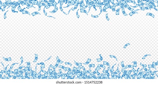 Bitcoin, internet currency notes falling. Small BTC bills on transparent background. Cryptocurrency, digital money. Alluring vector illustration. Fine jackpot, wealth or success concept.