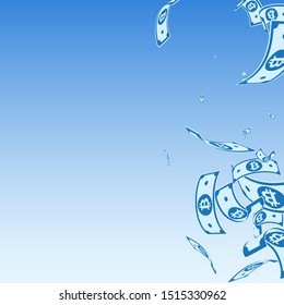 Bitcoin, internet currency notes falling. Random BTC bills on blue sky background. Cryptocurrency, digital money. Adorable vector illustration. Great jackpot, wealth or success concept.