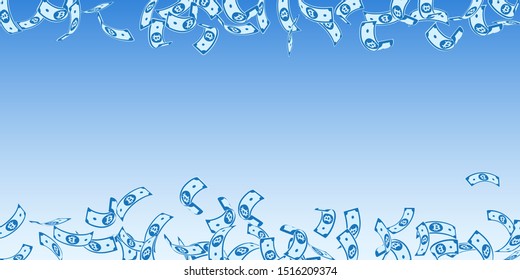 Bitcoin, internet currency notes falling. Floating BTC bills on blue sky background. Cryptocurrency, digital money. Alluring vector illustration. Fabulous jackpot, wealth or success concept.