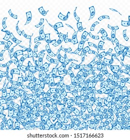 Bitcoin, internet currency notes falling. Small BTC bills on transparent background. Cryptocurrency, digital money. Actual vector illustration. Shapely jackpot, wealth or success concept.