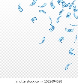Bitcoin, internet currency notes falling. Sparse BTC bills on transparent background. Cryptocurrency, digital money. Alive vector illustration. Creative jackpot, wealth or success concept.
